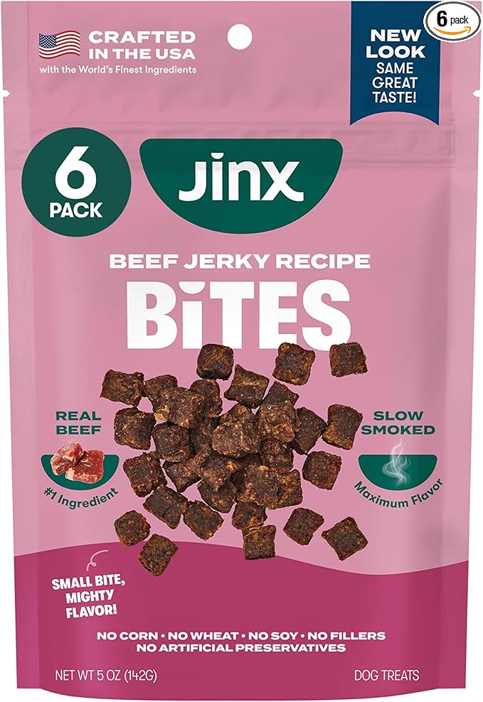 Jinx Beef Bites, Soft Jerky Dog Treats, Bite-Sized Snack, Low-Calorie and Packed with Flavor, Slow-Smoked Real Beef & Liver, No Fillers, 5oz, 6 Pack