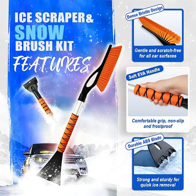 DIYSELF 27" Snow Brush with Two-Size Ice Scrapers for Car Windshield, 4 Pack Detachable Snow Removal Tool, Ergonomic Foam Grip, Snow Scraper for Car, Trucks, SUV, Christmas Stocking Stuffers for Men