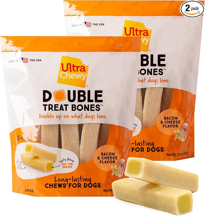 Double Treat Bones: Long-Lasting Dog Treats Made in USA for Large and Small Breeds, Highly Digestible, Ideal for Aggressive Chewers (Bacon & Cheese, 2 Value Packs)