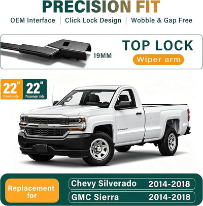 Windshield Wiper Blades Replacement for Chevy Silverado 1500 2500 HD 3500 HD 2014-2018, GMC Sierra 1500 2500 HD 3500 HD 2014-2018,Original Equipment Replacement Wiper Blade Set - 22"+ 22"