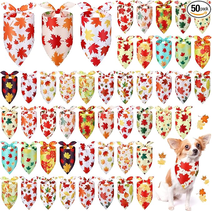 50 Pcs Fall Thanksgiving Dog Bandanas Bulk Maple Leaves Bandanas for Dogs Triangle Kerchief Bib Scarf for Pets Autumn Costume Photo Props Accessories Pet Shops, 25 Styles (31.5 x 21.7 x 21.7)