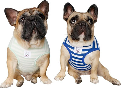 iChoue 2pcs French Bulldog Striped Shirts 100% Breathable Cotton Tank Tops Vests Clothes for Frenchie Dogs, Blue and Green Stripes, Medium