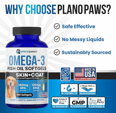 Omega 3 Fish Oil for Dogs Capsules - Salmon Oil for Dogs - Dog Fish Oil Supplement May Help Shedding, Allergy, Itching - Support Dry Skin, Joints - Dog Skin and Coat Supplement - 180 Fish Oil Pills