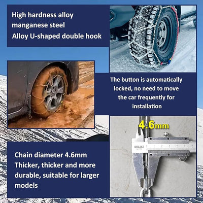 NEOCHIAEVO Auto Tightening Snow Chains Tire Chains, 4.6mm Diameter, 1-Minute Quick Install, Universal Fit for Car/SUV/Pickup Truck, Multi-Weather Emergency Traction, Set of 2, HYR-S