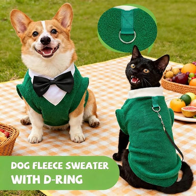 Cute Dog Fleece Sweater with D-Ring, Fall Winter Dog Clothes Tuxedo Costume with Bowtie, Soft Puppy Sweatshirt Chihuahua Yorkie Apparel Poodle Outfits for Small Medium Large Dogs(Green,XL)
