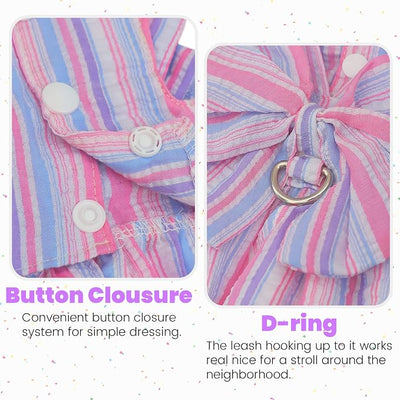 Pet Dog Harness Dress, Cute Striped Pattern with Bow, Princess Puppy Dresses with Button Closure, Summer Dog Clothes for Small Dogs Girl (Purple, Small)