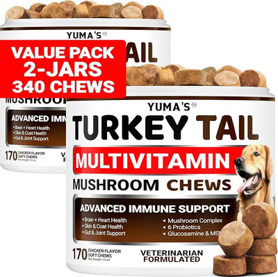 (2-Pack) Turkey Tail Mushroom for Dogs - 340 Count - Mushroom Chews for Dogs Lipoma Lumps and Bumps - Immune Health, Digestive, Skin, Joint Vitamin Support Guard Buddy - Multivitamin Supplement