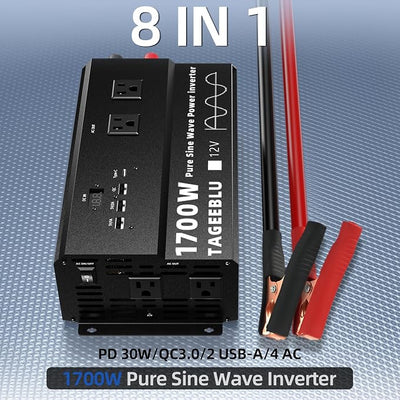 1700W Pure Sine Wave Power Inverter 12V DC to 110V 120V AC for Solar, Truck | Inverter for Car with 4 AC Outlets & 4 USB (30W QC & PD), LCD Display, 3400W Peak, Car Converter for RV Home Off-Grid Camping