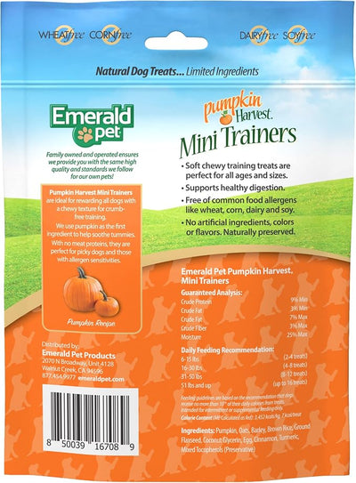 Emerald Pet Pumpkin Harvest Mini Trainers Dog Treats, Pumpkin Flavor, 6 oz – Soft Chewy Low-Fat Training Treats with Real Pumpkin for Digestive Health – Natural, Wheat-Free, Meat-Free, Made in USA