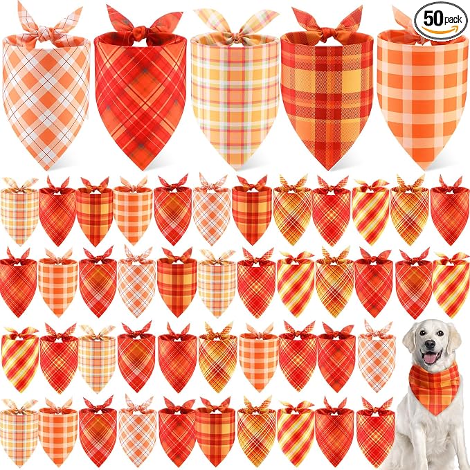 50 Pcs Thanksgiving Fall Dog Bandanas Bulk Plaid Bandanas for Dogs Autumn Soft Doggie Bibs Triangle Scarves for Small Medium Large Pet Costume(Plaid Pattern, 31.5 x 21.7 X21.7 Inch)
