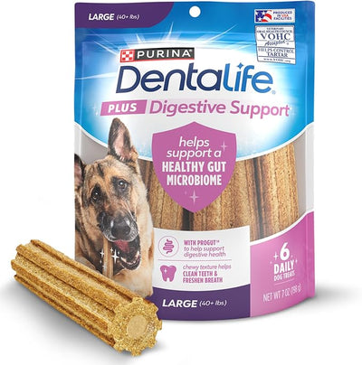 DentaLife Plus Digestive Support Dog Treats for Large Dogs 40 lbs. and up, Cleans Teeth, Freshens Breath, & Supports Healthy Gut, Chicken & Pumpkin Flavor, 7 oz., 6 Chews - 6 ct. Pouch