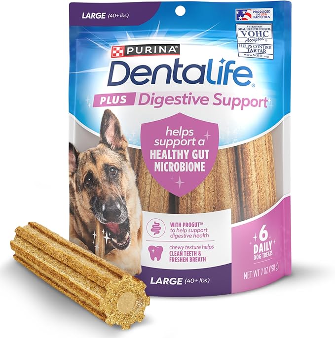 Plus Digestive Support Dog Treats for Large Dogs 40 lbs. and up, Cleans Teeth, Freshens Breath, & Supports Healthy Gut, Chicken & Pumpkin Flavor, 7 oz., 6 Chews - 6 ct. Pouch