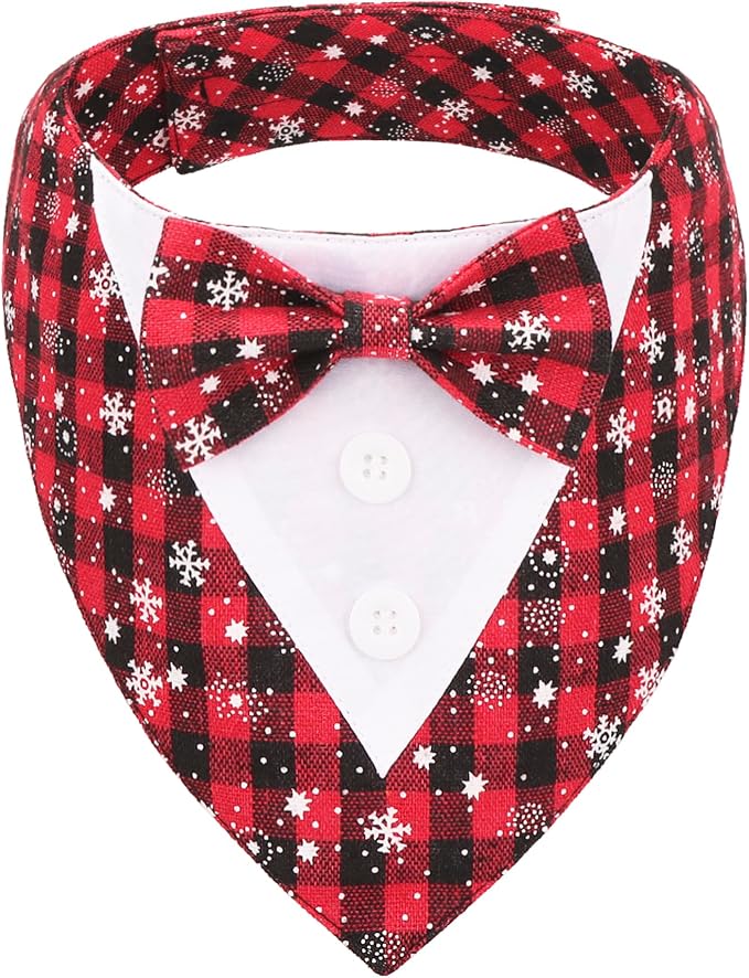 Christmas Dog Tuxedo Bandana, Red Plaid Pet Chritstmas Tux with Bowtie Adjustable Christmas Formal Costume for Medium Large Dogs Pets (L)
