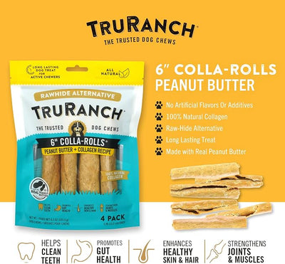 TRURANCH Collagen Rolls - 6" Collagen Rolls for Dogs - Long Lasting Healthy Joint Support - Rawhide Alternative - Skin & Coat Health - Made with Real Peanut Butter, Value Pack, 3 Bags, 12 Count