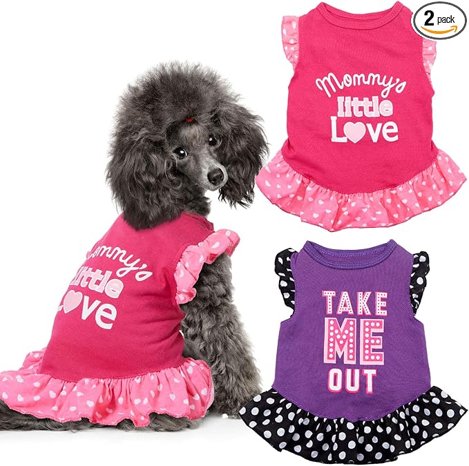 2 Pieces Dog Dresses for Dogs Cute Girl Female pet Dress Mommy Puppy Shirt Skirt Dresses Pet Summer Clothes Apparel for Cats(Love and Me,Medium)