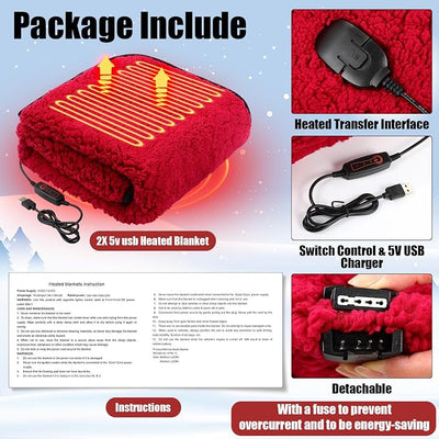 Tuanse 2 Pcs USB Heated Blanket 25"x 35" Heated Car Blanket 5V Portable USB Electric Throw 3 Heat Setting Electric Throw with Timer Temperature Controller for Car Winter Home Office(Red,Lambswool)