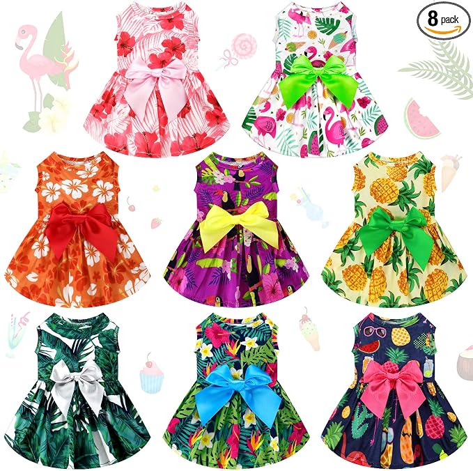 8 Pcs Summer Themed Hawaii Dog Dresses Holiday Flamingo Fruit Floral Pattern Pet Skirts Hawaii Puppy Princess Dresses Outfits Bowknot for Girl Dogs Cats Beach(XL)