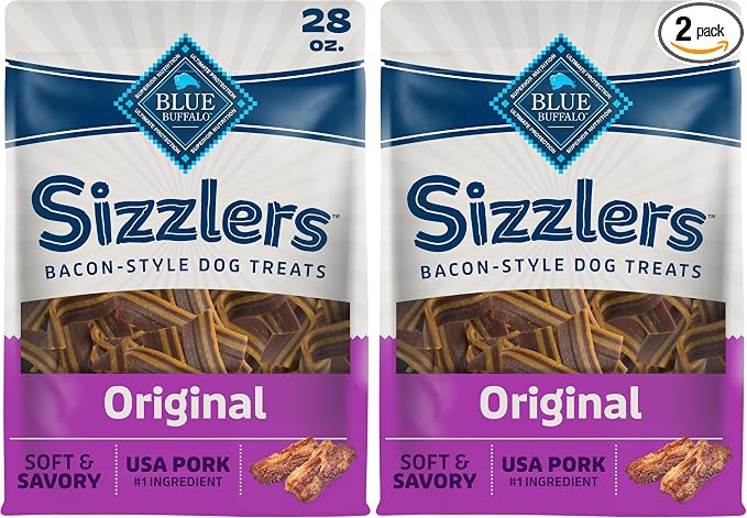 Blue Buffalo Sizzlers Bacon-Style Dog Treats with Real USA Pork, Original Flavor, 28-oz Bag (Pack of 2)