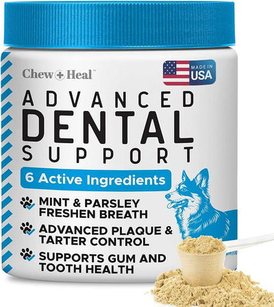 Advanced Dog Dental Powder 8oz - Teeth Cleaning, Tartar, & Plaque Remover | Aids Bad Breath, Biofilm, Gum, and Tooth Health - Made with Brown Algae, Kelp, Parsley, and Green Tea