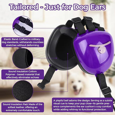 New Dog Ear Muffs for Noise Protection - 30dB NRR Dog Headphones, Noise Cancelling Hearing Protection Against Thunder/Fireworks/Vacuums, Upgraded Design with Bell Accent (Purple, X-Large)