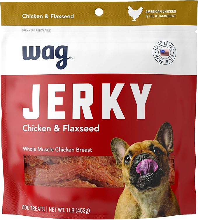 Amazon Brand – Chewy Whole Muscle American Jerky Dog Treats – Chicken & Flaxseed (1 lb), Grain Free