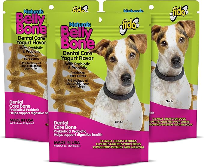 Fido Belly Bones for Dogs, Small - 13 Count, Pack of 3 - Yogurt-Flavor Dental Treats for Small Dogs - Plaque & Tartar Control for Fresh Breath - Digestive Support - Made in USA (39 Total)