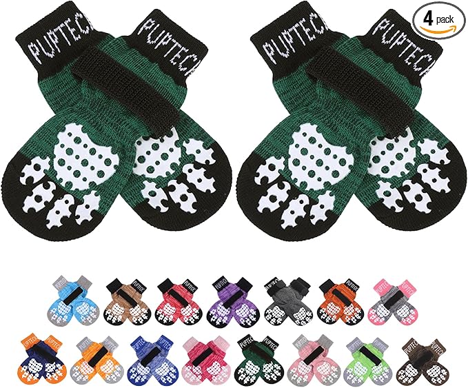 Anti-Slip Dog Socks with Double Sides Grips for Small Medium Large Dogs Hardwood Floors Prevents Licking, Dog Shoes for Hot Pavement Traction Control for Senior Dogs, Dark Green, L