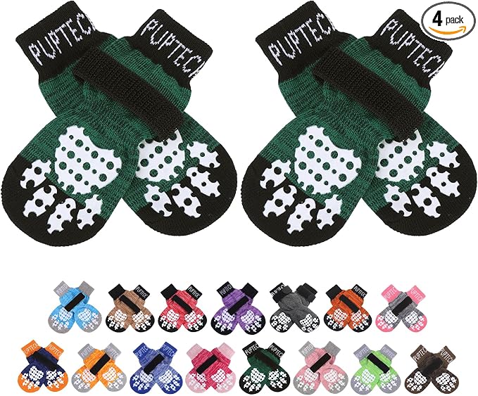 PUPTECK Anti-Slip Dog Socks with Double Sides Grips for Small Medium Large Dogs Hardwood Floors Prevents Licking, Dog Shoes for Hot Pavement Traction Control for Senior Dogs, Dark Green, M
