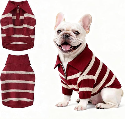 Small Dog Sweater with Zipper, Knitted Striped Pullover Dog Clothes for Cold Weather, Thick Warm Cozy Stretchy Sweater for Chihuahua, Bulldog, Dachshund, Pug(Red & White Strip, L)