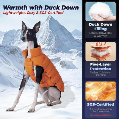 SPACE LION Dog Puffer Jacket, Down Winter Coat, Durable Outdoor Coat for Cold and Windy Conditions, Lightweight & Adjustable Fit Coats for Large Dogs,(Orange, Size24/2XL)