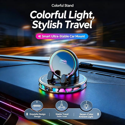 15W Car Mount Charger with 7-Color RGB Light, Auto Clamping Wireless Magnetic Phone Holder, Ultra Stable Vacuum Suction Cup, 360° Rotating Horizontal Fast Charging for iPhone 17-12 Pro Max (Silver)