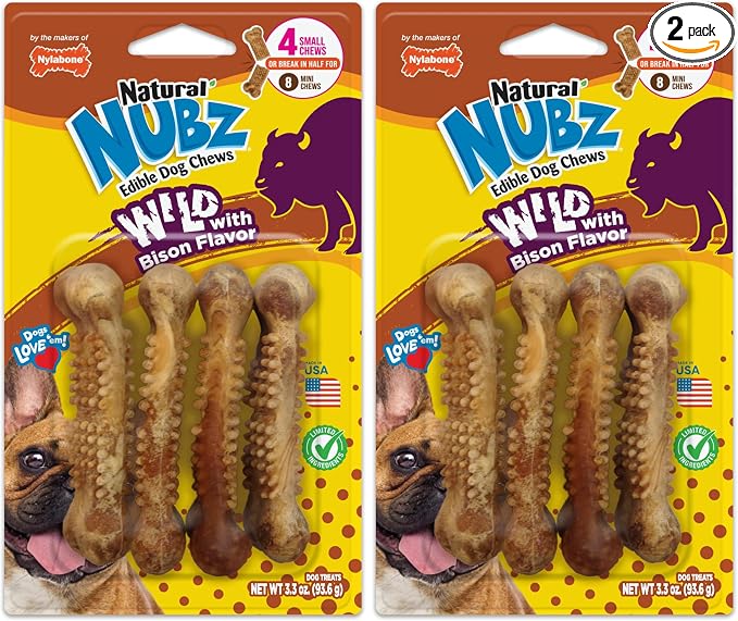 Nubz Wild Natural Edible Chew Treats for Dogs, Made in USA, Bison Flavor, Small - Up to 25 lbs. (4 Count) (Pack of 2)