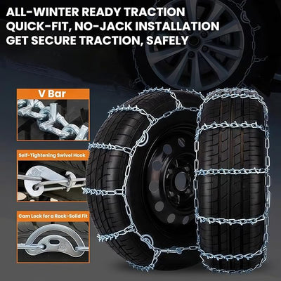 V-Bar Tire Chains 2 Pack for Car, SUV 14" to 18" Tire Snow Ice Traction | V-Bar Ice Studs Boost Traction; CAM Self-tightening Lock, Durable Manganese Steel, Anti-slip Secure Fit for Sedan & SUV