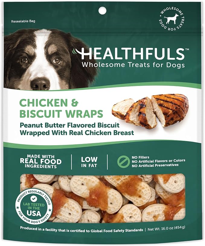 Chicken & Peanut Butter Healthy Dog Treats – High-Protein, Low-Fat, Biscuit Wraps with Real Peanut Butter – 16 oz