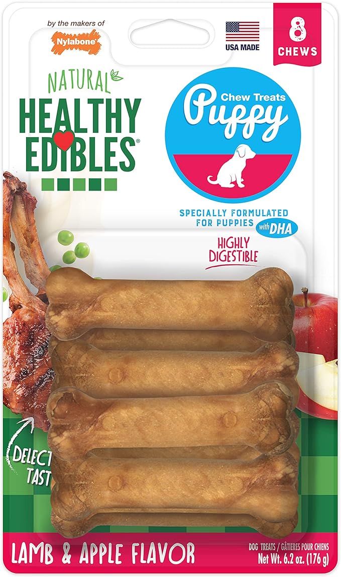 Nylabone Healthy Edibles Natural Puppy Chews Long Lasting Treats for Puppies, Lamb & Apple Dog Treats, X-Small/Petite (8 Count)
