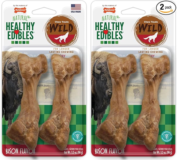 Nylabone Healthy Edibles Wild Natural Dog Chews,Long Lasting Bones for Dogs,Bison Flavor Dog Treats,Medium,2 Count (Pack of 2)