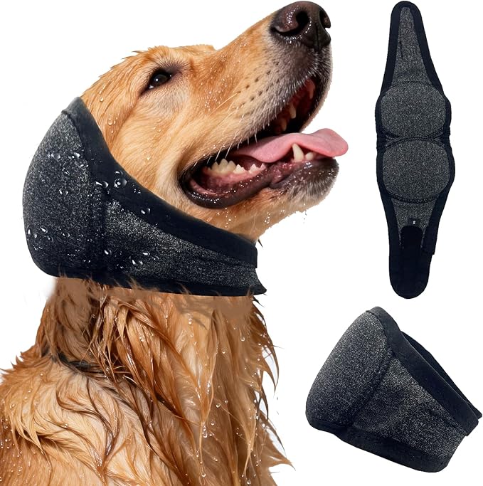 NEW Dog Ear Muffs Noise Protection Anxiety Relief for Fireworks Thunder, No Flap Ear Wrap Ear Covers for Bathing Swimming Grooming, Waterproof Elastic Adjustable Dog Snood Comfortable & Quiet(Grey, M)
