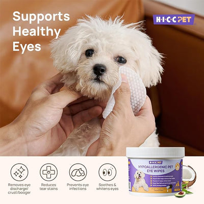 HICC PET Eyes Wipes for Dogs & Cats, Vet-Recommended Dog Eye Infection Treatment, Gently Remove Tear Stain, Debris, Discharge - Hypoallergenic Pet Eye Wash Cleaner for Eyes, Wrinkle, Face - 200pcs