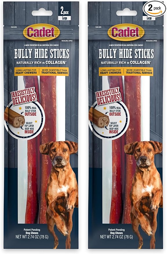 Bully Hide Sticks for Large Dogs, All-Natural Beef Pizzle, Limited-Ingredient Long-Lasting Dog Chews for Aggressive Chewers, 2 Count (Pack of 2)