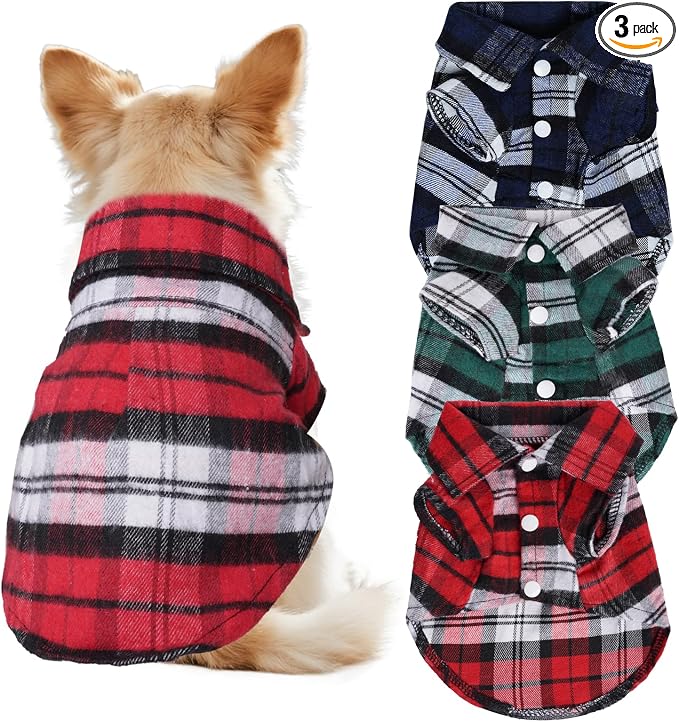 3 Pcs Dog Clothes Plaid Shirt Puppy Clothes Button Up Cat Shirt for Small Pet Dogs Cat Christmas Costume (X-Small)