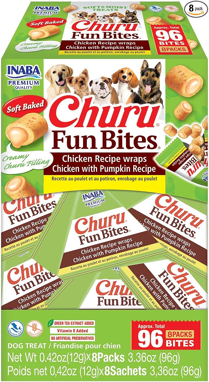Churu Fun Bites for Dogs, Soft & Chewy Dog Treats with Vitamin E, 0.42 Ounces per Tetra, 8 Tetras per Box, Chicken with Pumpkin Recipe