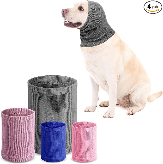 4 Pcs Dog Snoods Pet Ear Wrap Cover Sound Proof Muffs for Barking and Bathing Warm Winter Scarf for Calming(Blue, Pink, Purple,S,M,L)