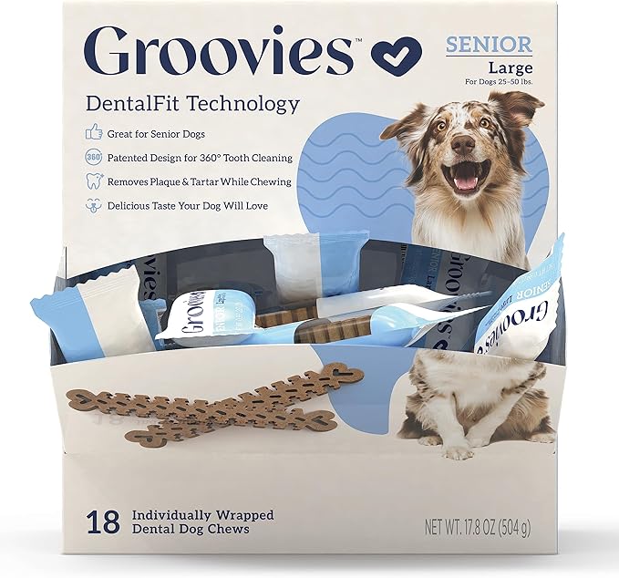 Groovies Senior & Gentle Chewers Dog Dental Treats, Flexible Texture, Patented Technology to Help Control Tartar & Freshen Breath, Large Dog Chews (25-50 lbs), USA Manufactured Oral Care, 18 Count