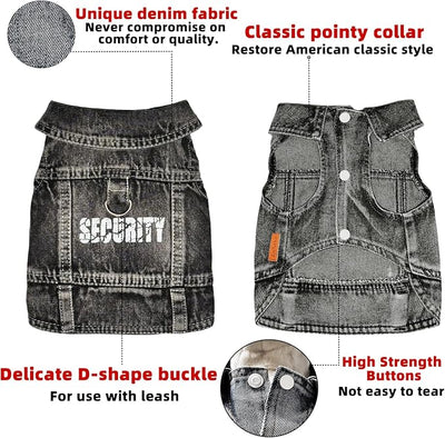 Dog Jeans Black Security Jacket Denim Pet Coat for Puppy Small Dogs Cotton Classic Overalls Male Cat Costumes Sleeveless Washed Vest Clothes Outfit T-Shirts (Small