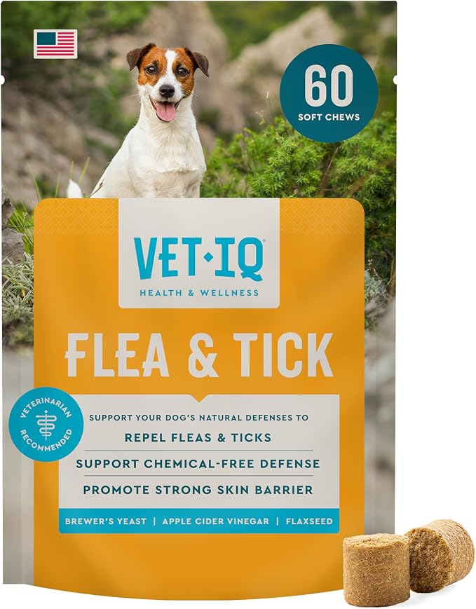 VetIQ Flea & Tick Support for Dogs, Flea and Tick Chewable, Supports Dog's Natural Flea Defenses, Free of Added Chemicals and Garlic, Hickory Smoke Flavor, 60 Count