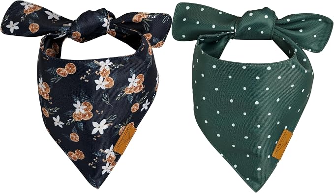 Remy+Roo Dog Bandanas - 2 Pack | Evergreen Christmas Dog Bandanas Set | Premium Durable Fabric | Patented Shape Bandanas for Dogs (Clementine, Small)