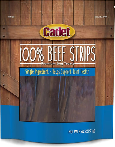 Cadet 100% Beef Strips Dog Treats, Single Ingredient Beef Esophagus Dog Jerky, Healthy High Protein Rawhide Alternative for Small & Large Dogs, 8 Ounce
