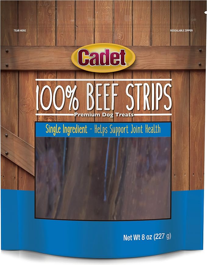 Cadet 100% Beef Strips Dog Treats, Single Ingredient Beef Esophagus Dog Jerky, Healthy High Protein Rawhide Alternative for Small & Large Dogs, 8 Ounce