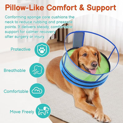 Sponge Dog Cone After Surgery, No Inflation Required Dog Donut Collar to Stop Licking, Inflatable Cone Alternatives for Medium Pets, Soft Recovery Collar with Protective Shield (Green Blue, M)