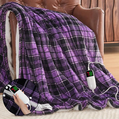 Purple Heated Blanket Electric Throw, 50X60 Heating Blanket with 10 Heating Levels & 8 Hours Auto Off, Purple Plaid Sherpa Blankets Winter Warmer, Home Decor for Couch Bed Office,Gifts for Mom, Women